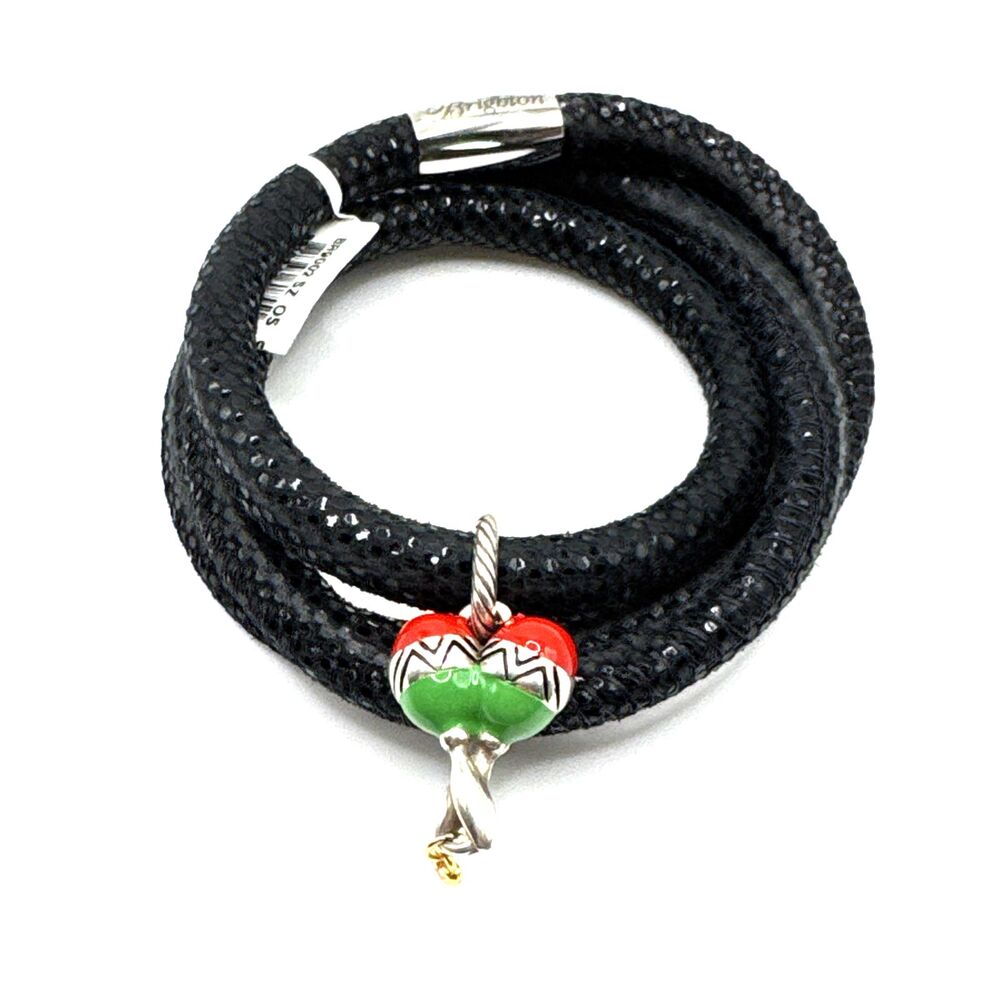 Brighton Woodstock Black Sparkle Triple Bracelet 23in NWT + Maracas Charm